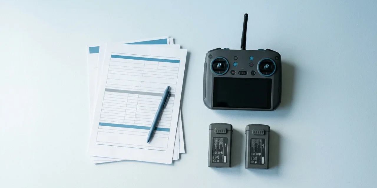 Documents contractuels et radiocommande de drone sur un bureau