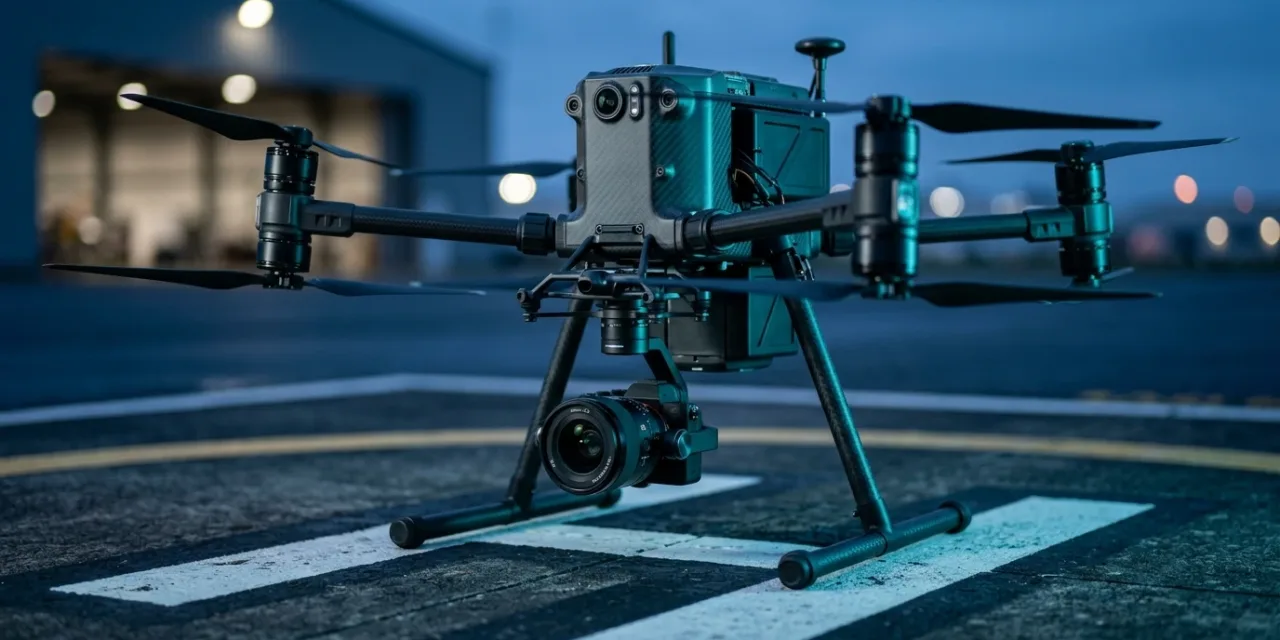 Drone professionnel équipé d'une nacelle, posé avant décollage
