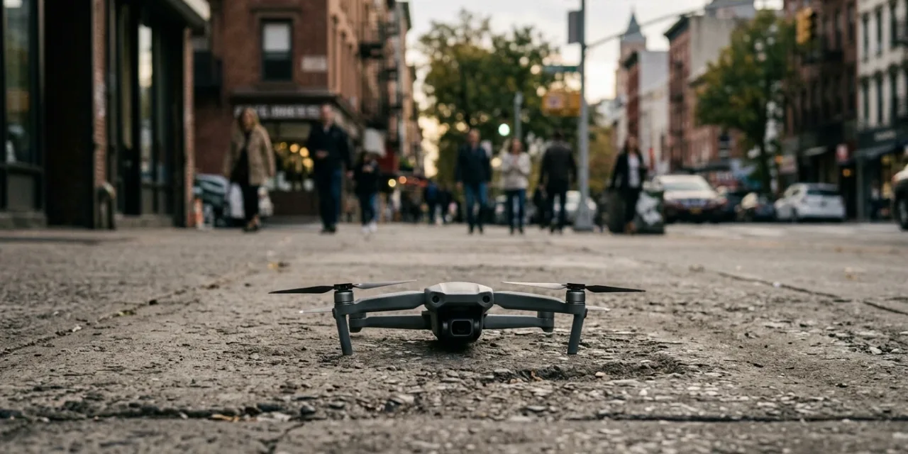 Drone posé au sol après un vol, dans un environnement urbain