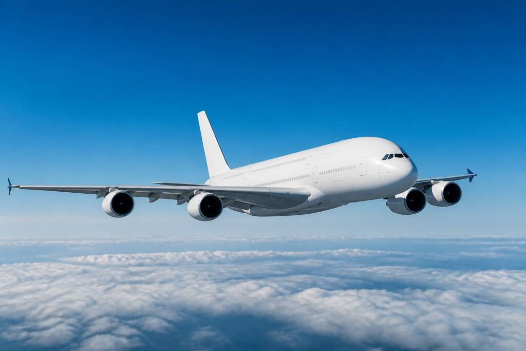 Avion de ligne quadriréacteur générique en vol au-dessus des nuages