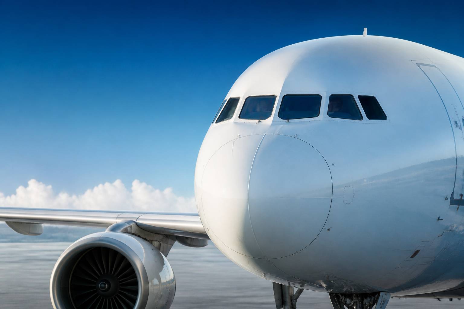 Nez et cockpit d'un avion de ligne blanc sur un tarmac