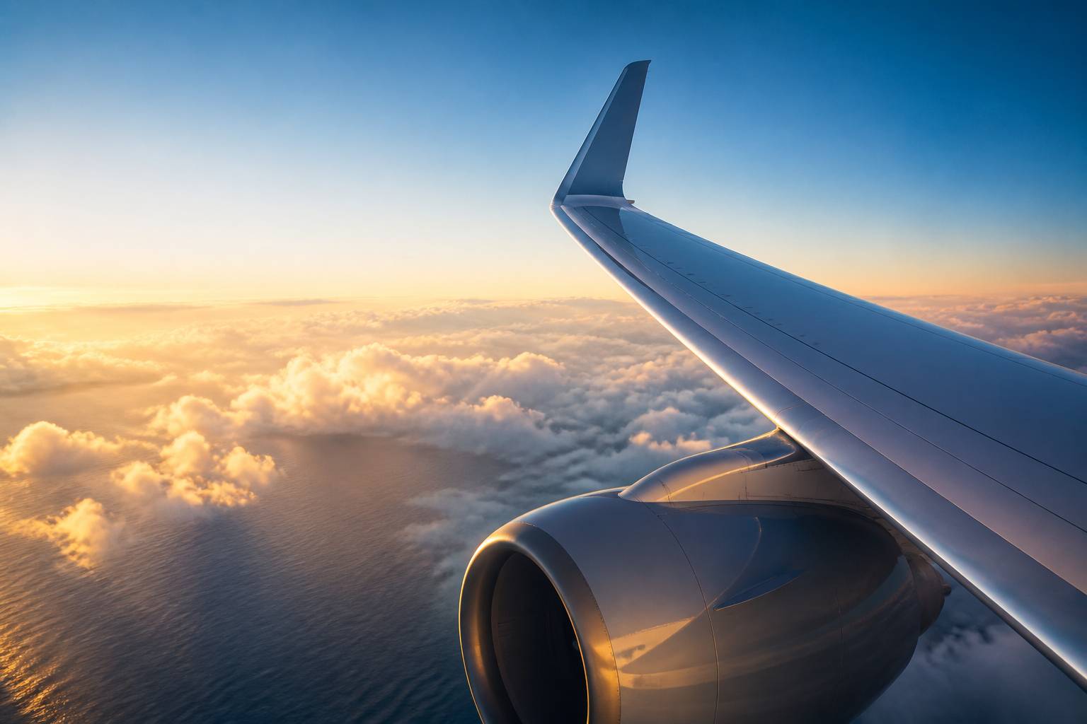 Aile d'avion long-courrier en vol au-dessus des nuages au lever du soleil