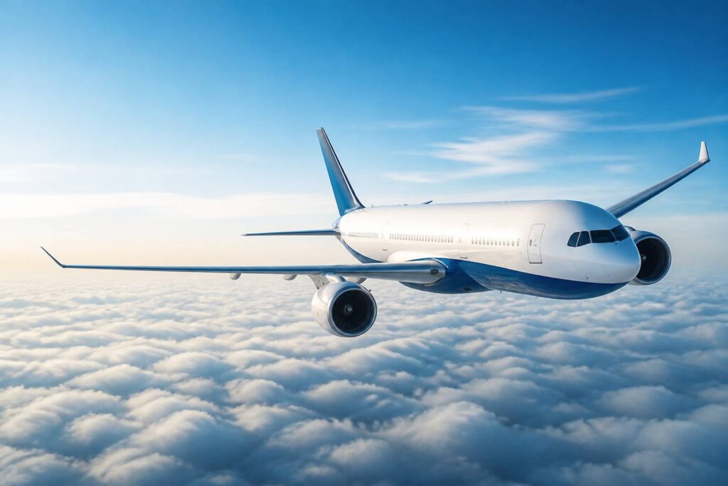 Avion de ligne blanc et bleu en vol au-dessus des nuages