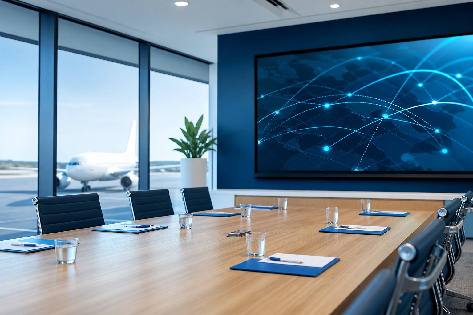 Salle de conseil d'administration avec table en bois et écran mural