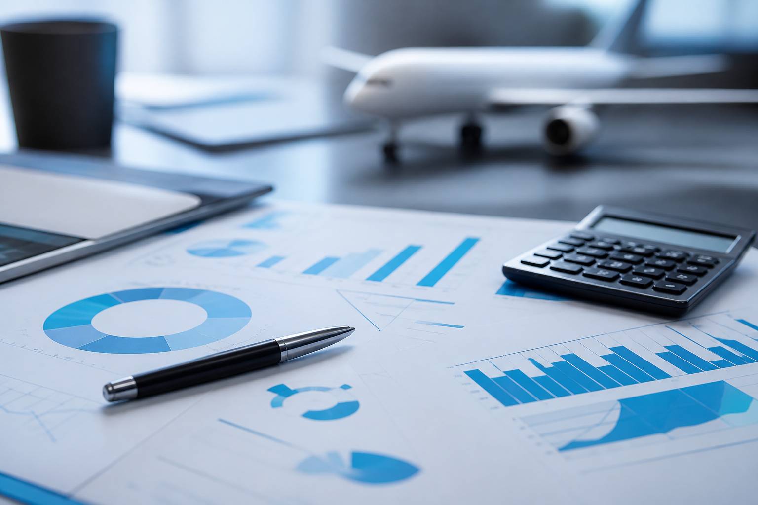 Documents d'analyse avec stylo et calculatrice près d'une maquette d'avion