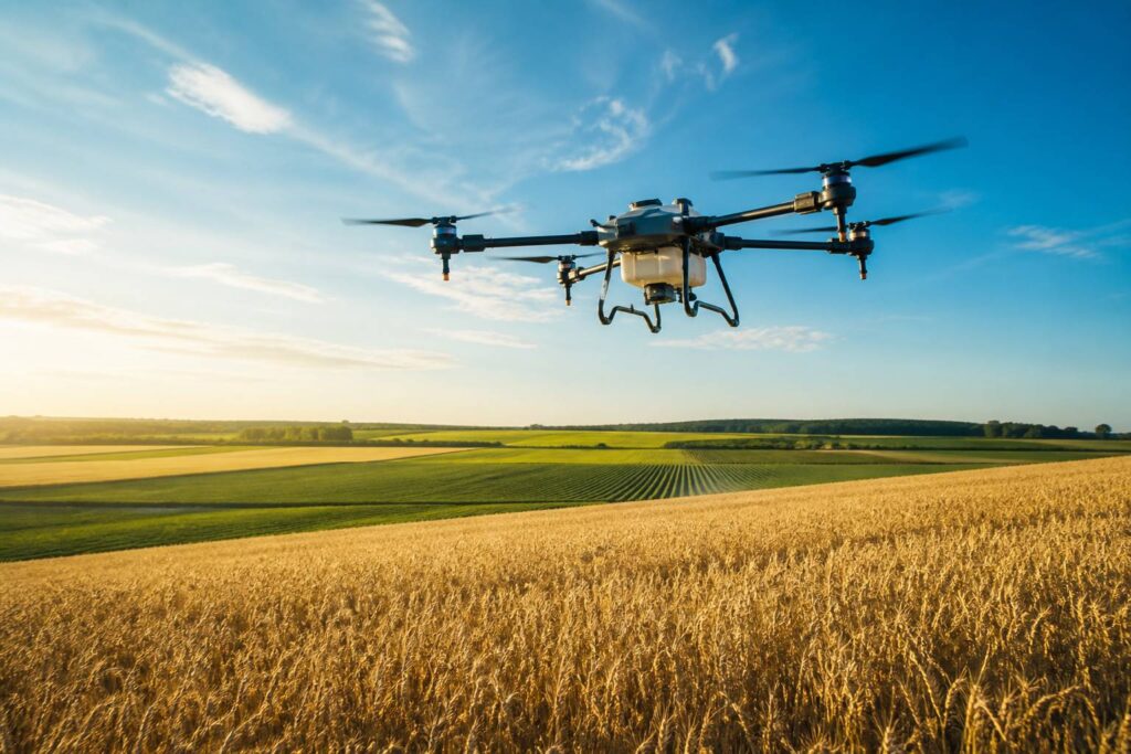 Drone agricole survolant un champ de blé doré