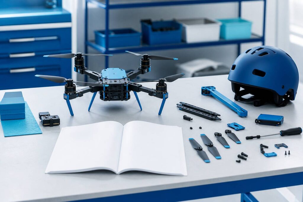 Drone en assemblage sur un établi avec manuel technique et pièces détachées