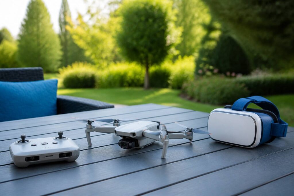 Drone de loisir avec radiocommande posé sur une table de jardin