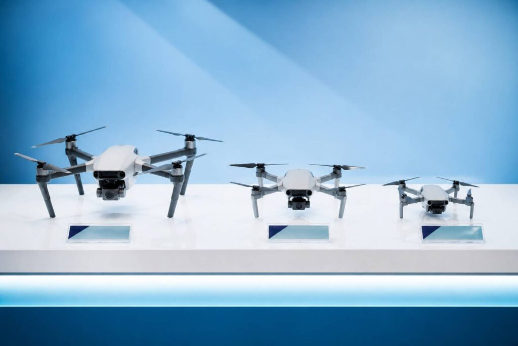 Trois drones alignés sur un comptoir avec des étiquettes de prix