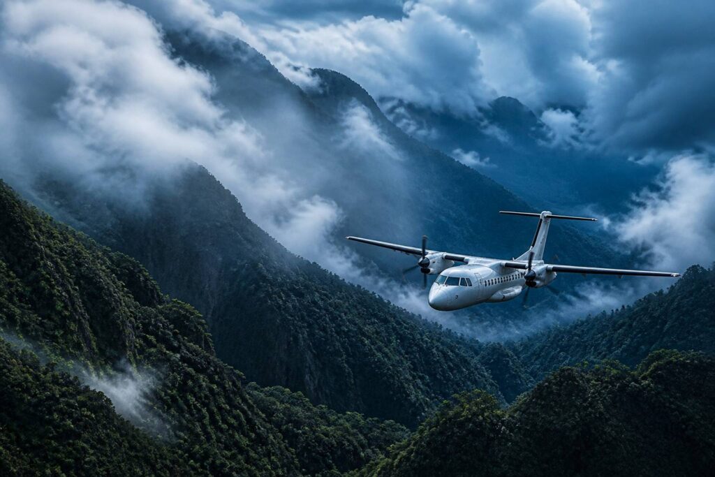 Avion régional volant au-dessus de montagnes couvertes de jungle