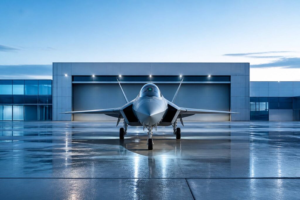Avion de chasse générique sans marquage garé sur un tarmac