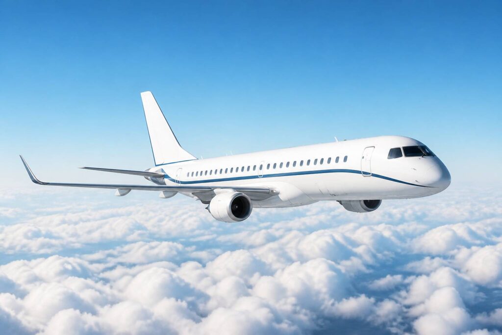 Avion de ligne régional générique en vol au-dessus des nuages avec liseré bleu