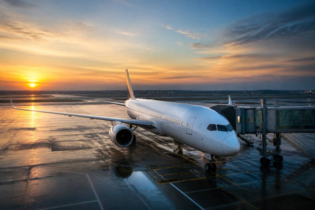 Avion de ligne blanc sur un tarmac au coucher du soleil
