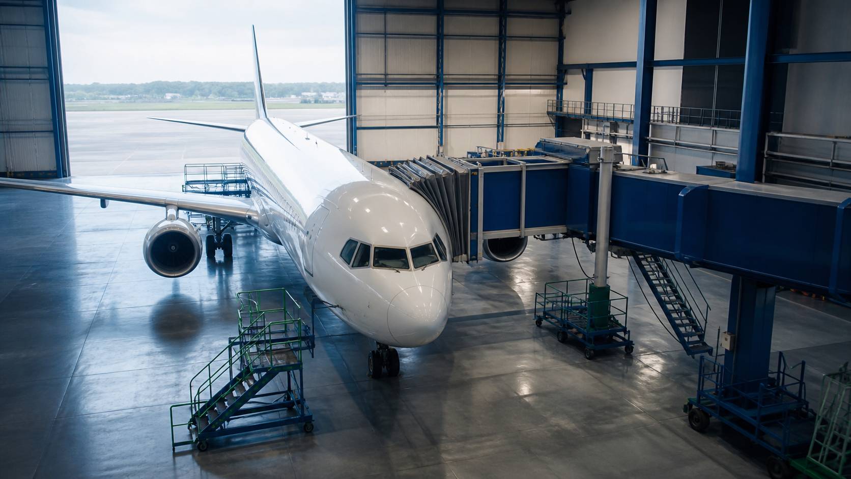 Avion long-courrier dans un hangar de maintenance avec passerelle