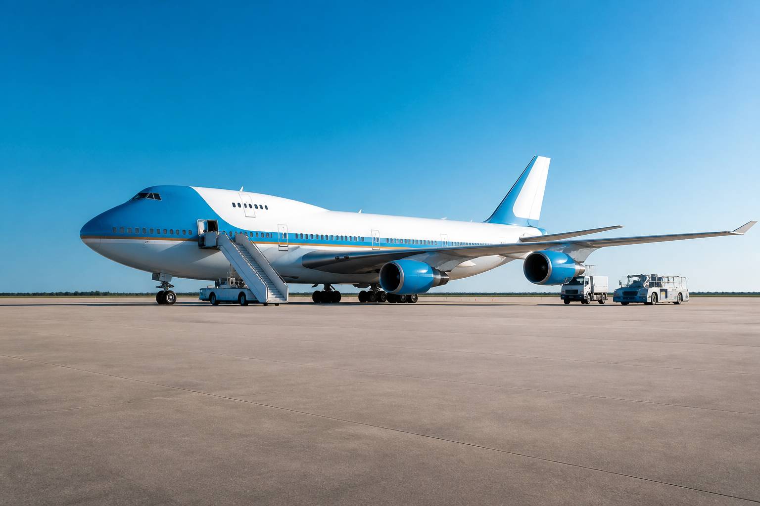 Avion présidentiel blanc et bleu garé sur un tarmac