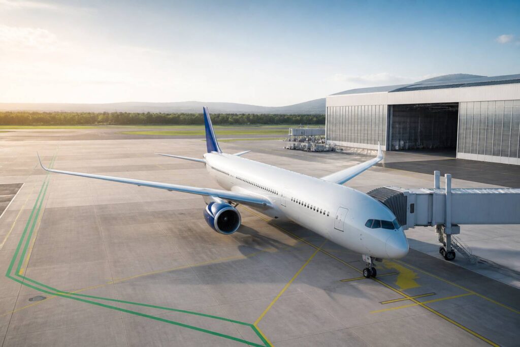 Avion long-courrier au sol sur un tarmac avec hangar en arrière-plan