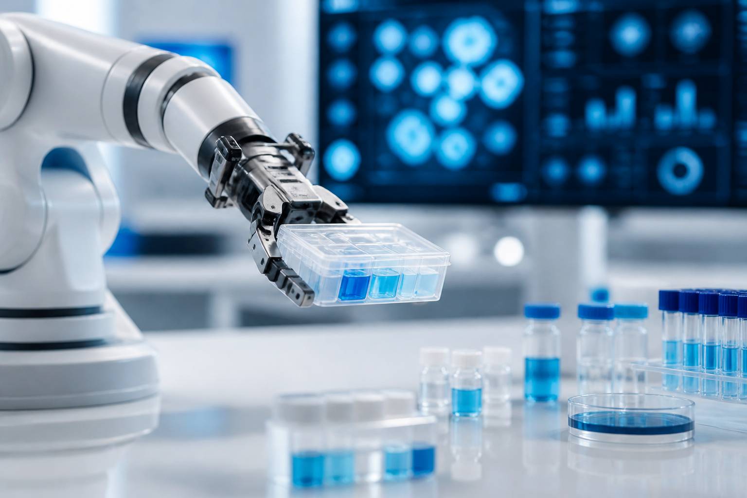 Bras robotique tenant une boîte de laboratoire sur paillasse