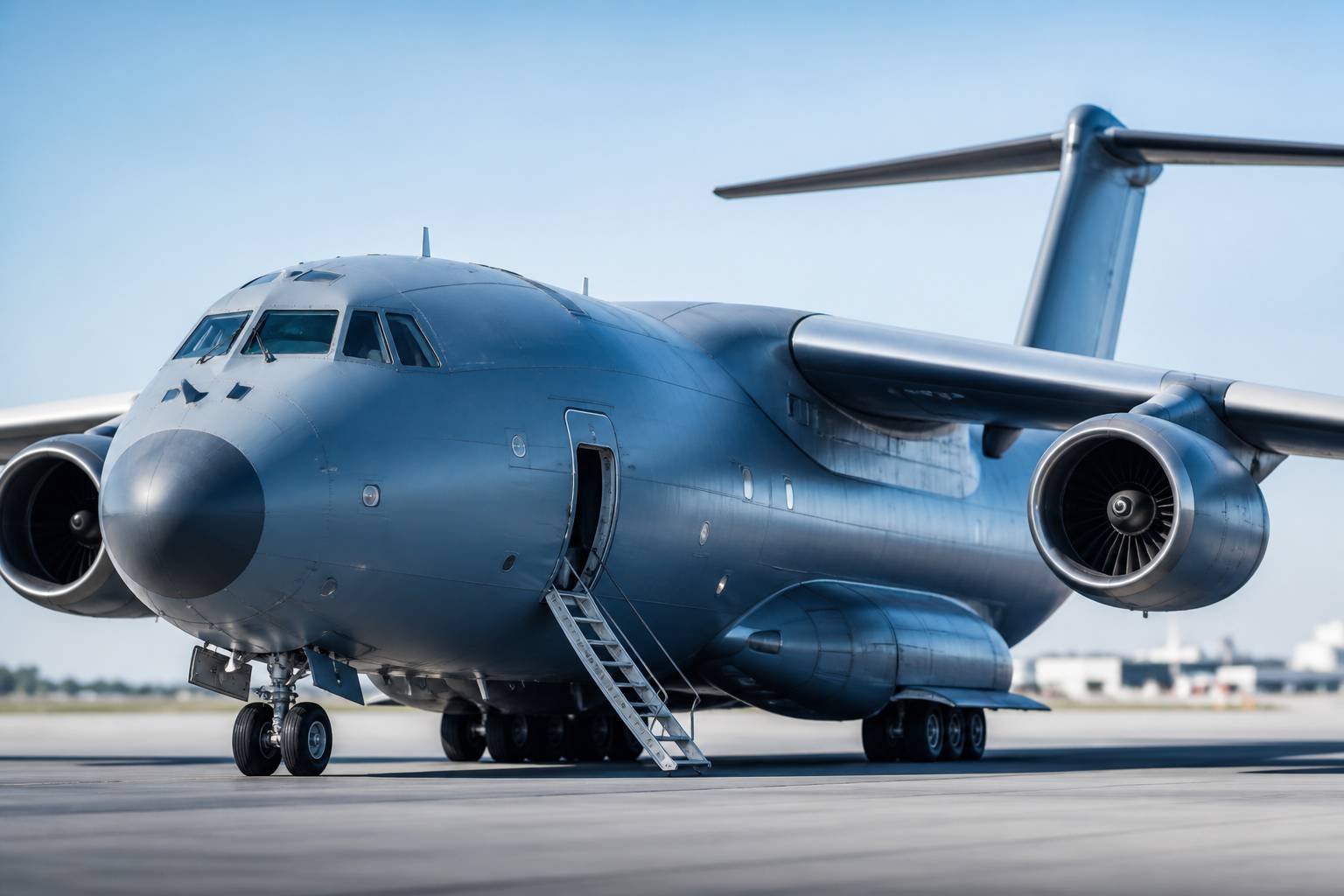 Avion de transport militaire vu de trois quarts avant sur un aérodrome