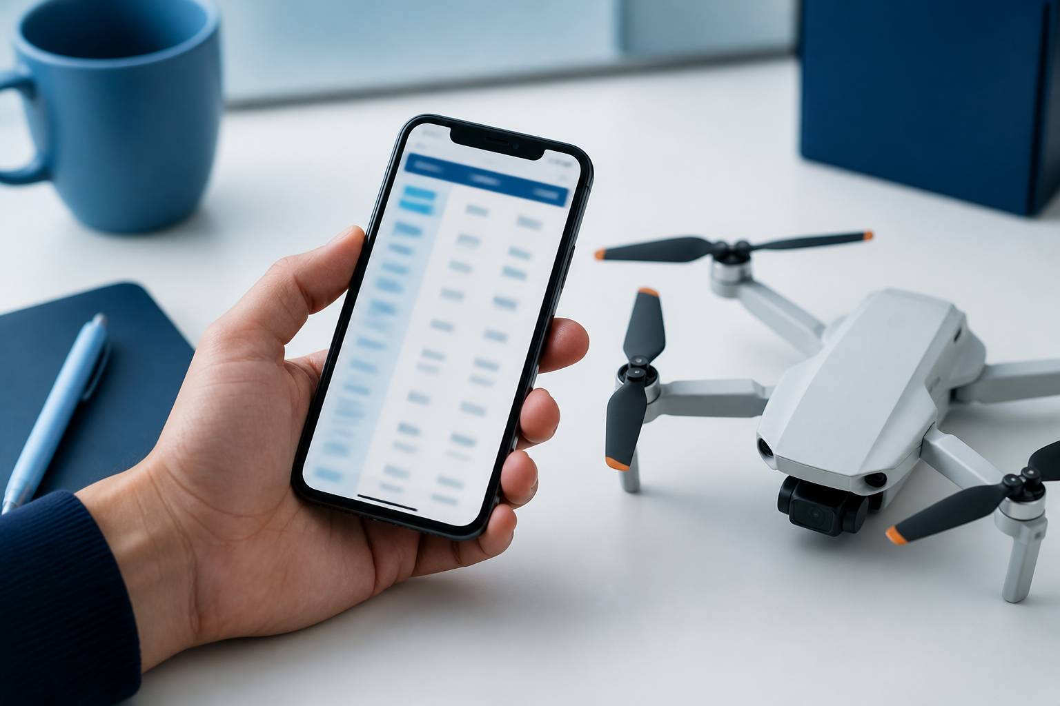 Main tenant un smartphone à côté d'un drone sur une table