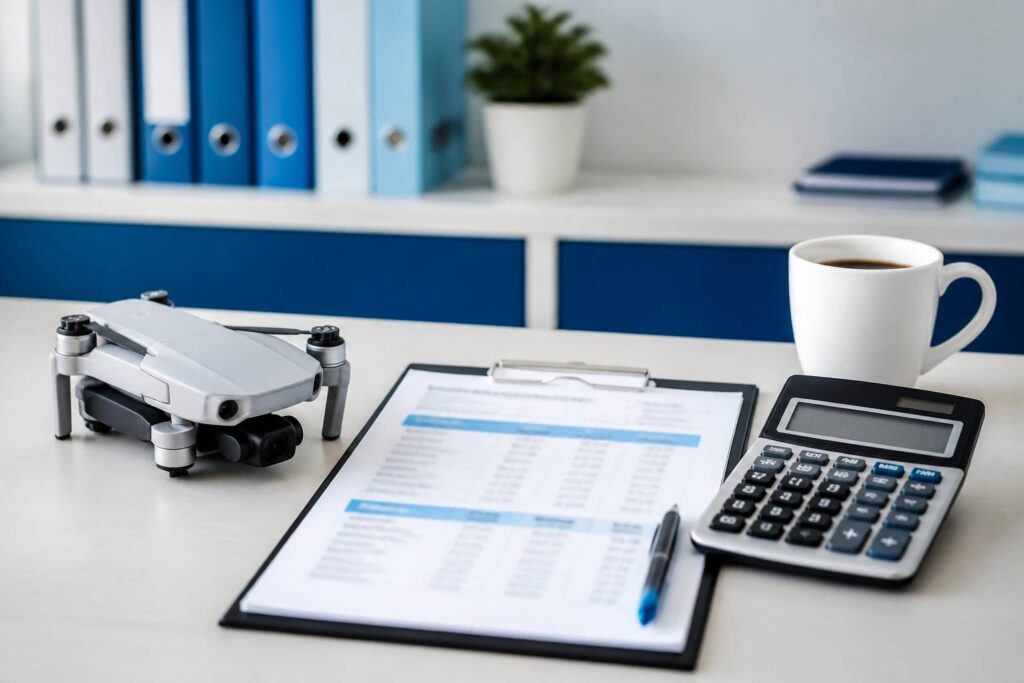 Drone avec une calculatrice et un devis imprimé sur un bureau