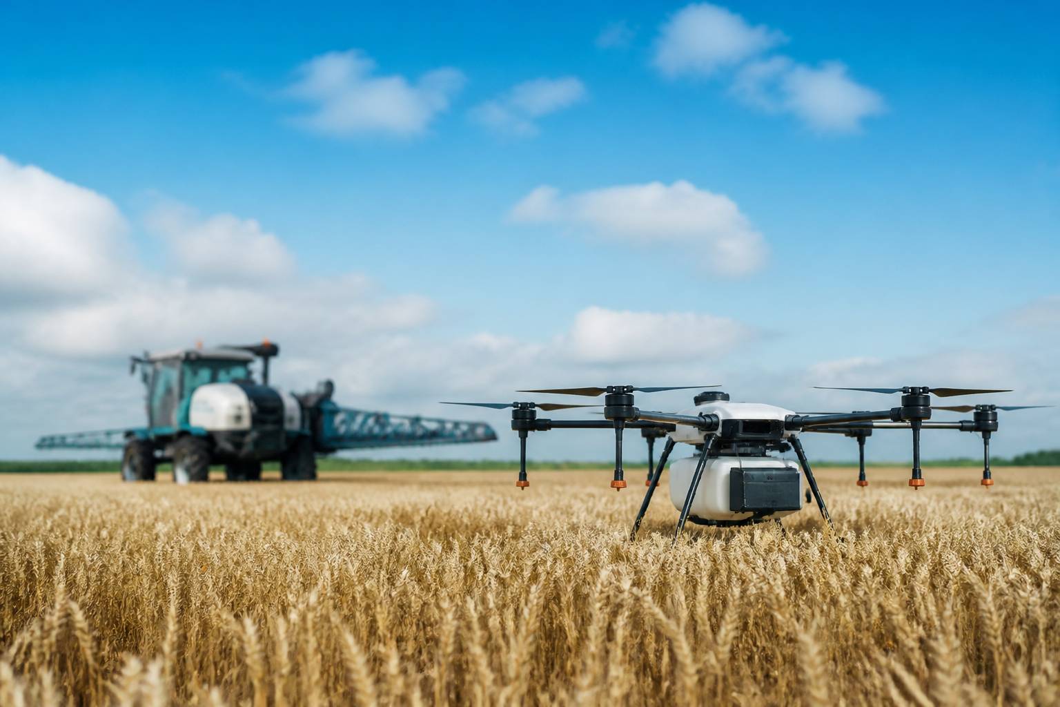 Drone agricole posé dans un champ avec des épis de blé