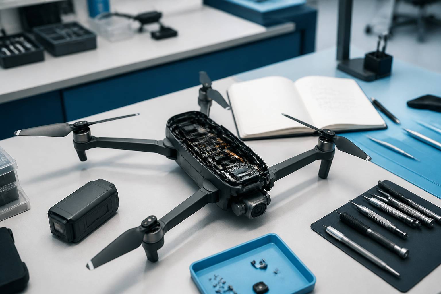 Drone ouvert avec batterie retirée et carnet de vol sur une table