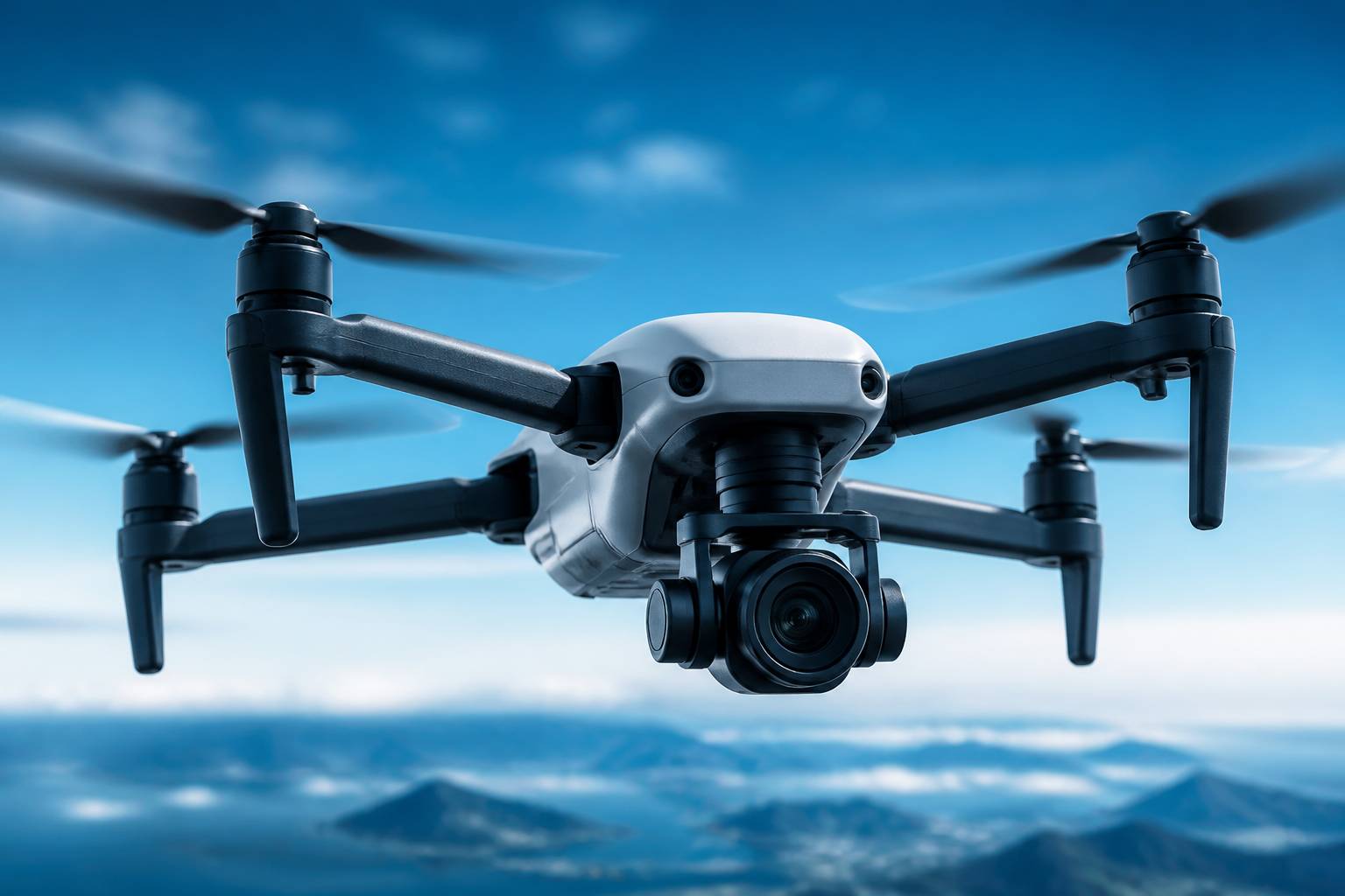 Gros plan sur un drone avec caméra montée sur nacelle stabilisée dans le ciel