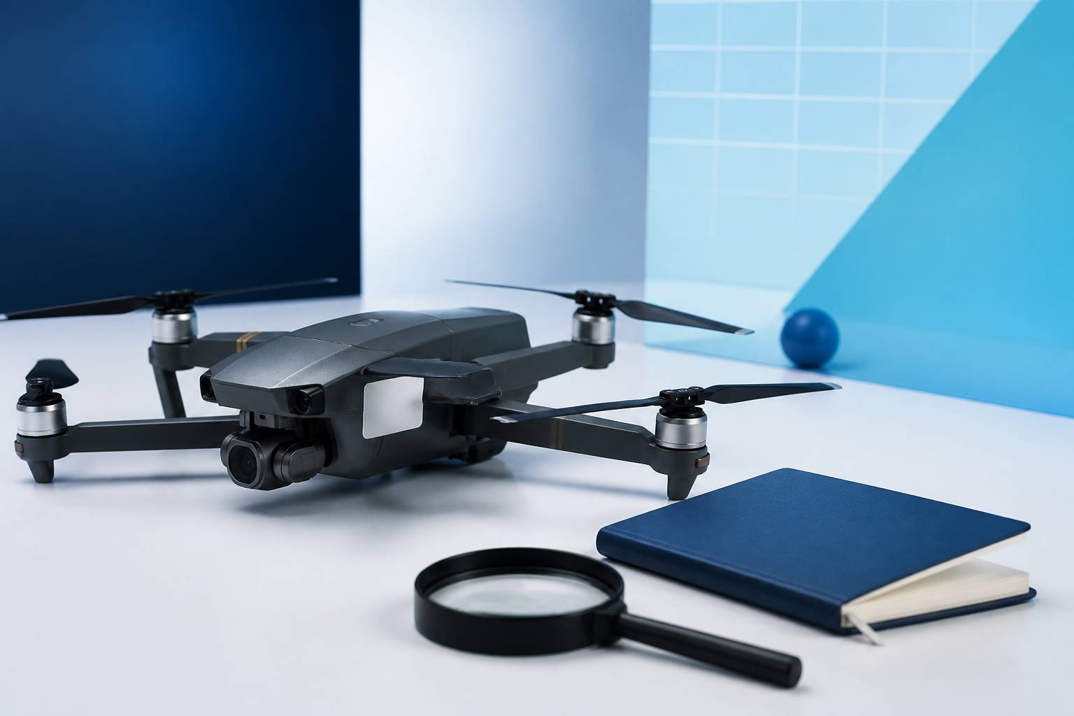 Drone avec étiquette d'identification sur une table avec une loupe