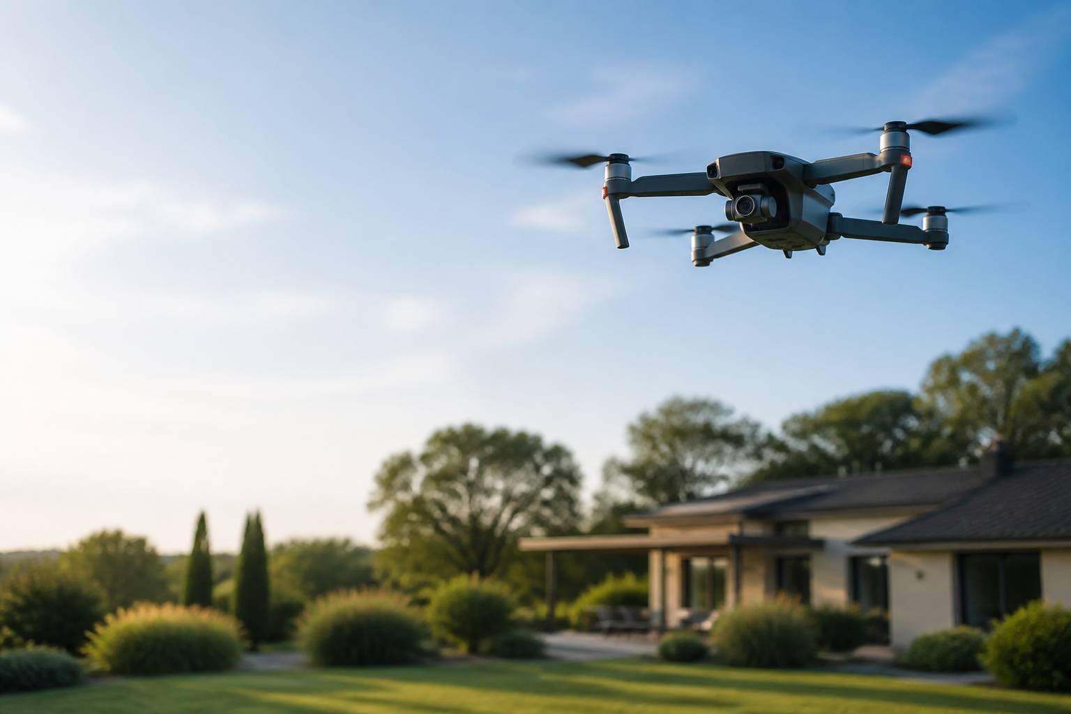 Drone de loisir en vol stationnaire au-dessus d'un jardin