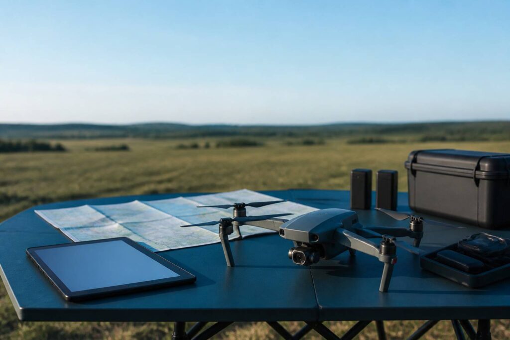 Drone quadricoptère posé sur une table avec une carte de vol et une tablette