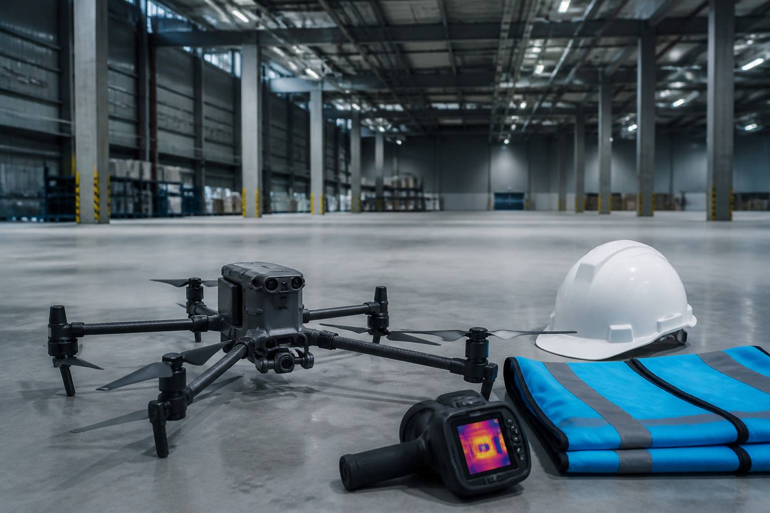 Drone posé dans un entrepôt avec casque et gilet de sécurité