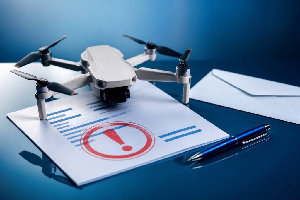 Drone posé sur un document officiel avec un tampon d'avertissement