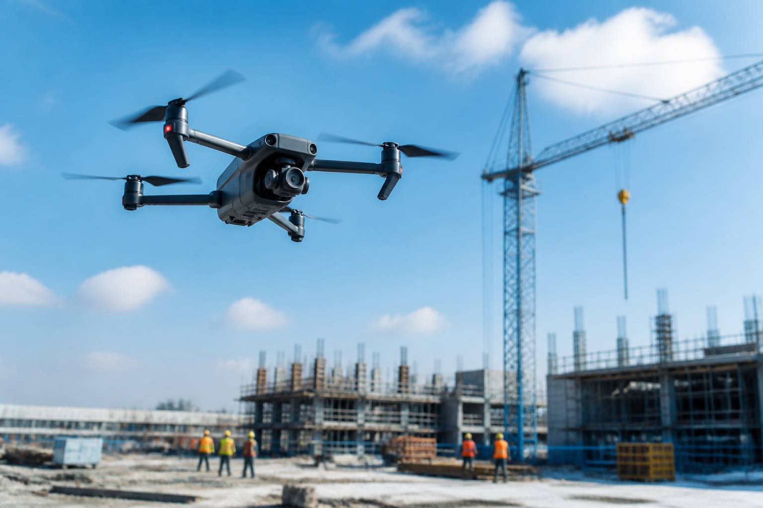 Drone en vol au-dessus d'un chantier avec une grue