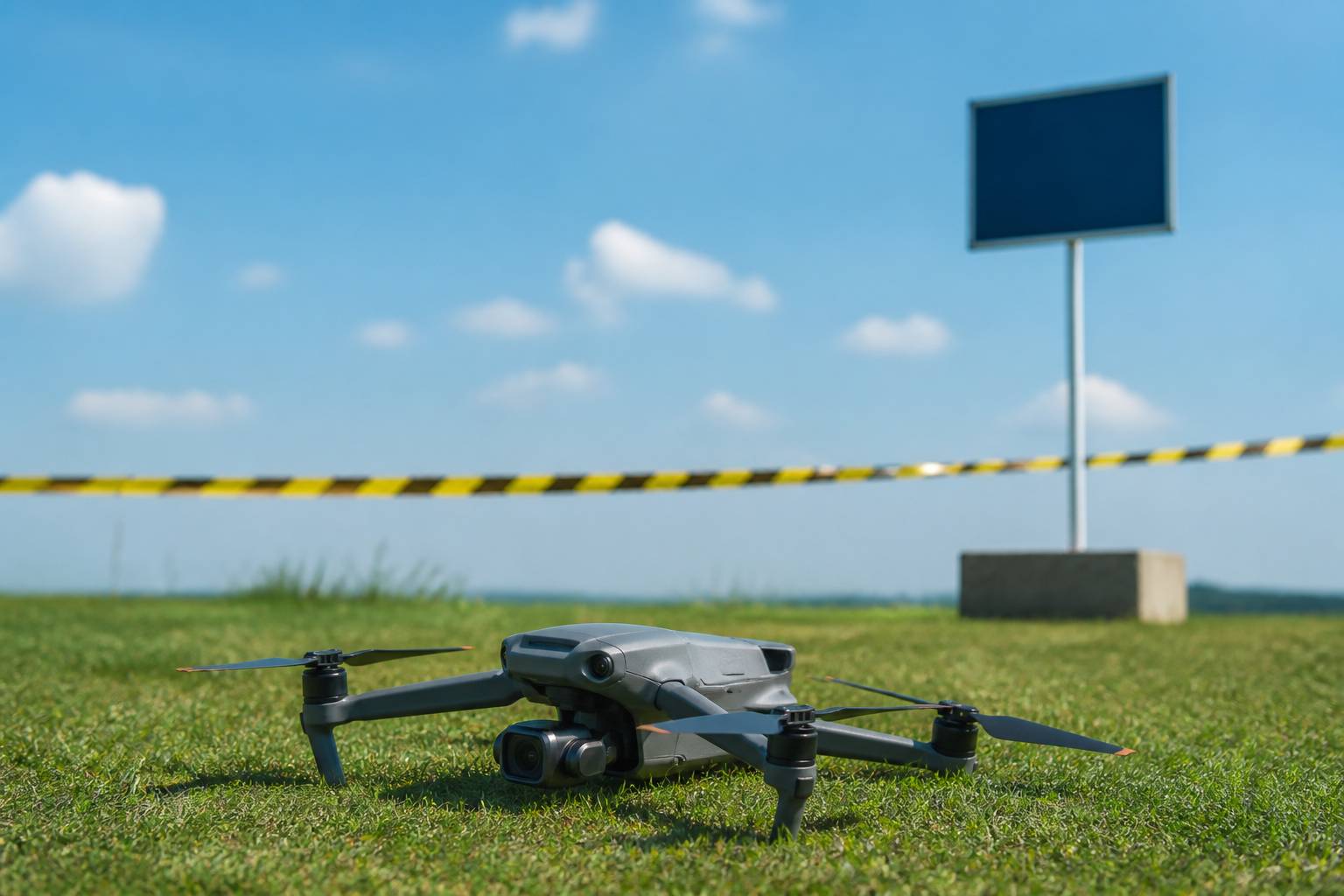 Drone posé dans une zone de vol délimitée par un ruban jaune