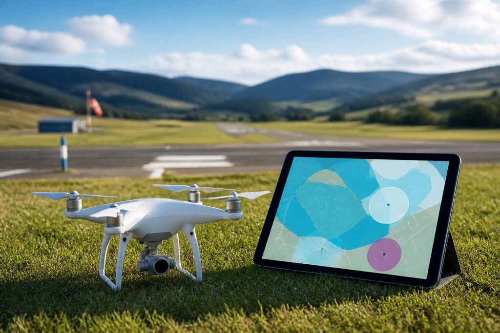 Drone posé au sol avec une tablette affichant une carte de zones