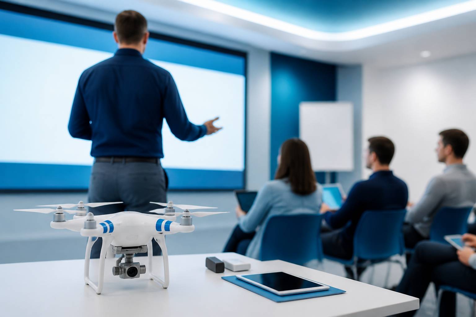 Formateur de dos présentant un drone à des stagiaires en salle