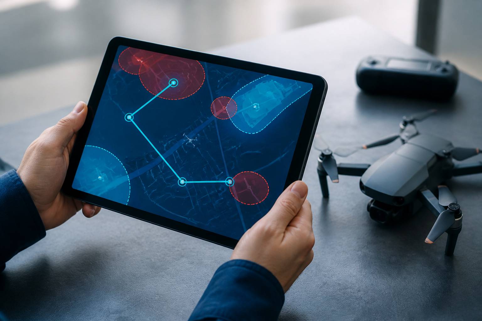Tablette affichant une carte de zones d'exclusion pour drone