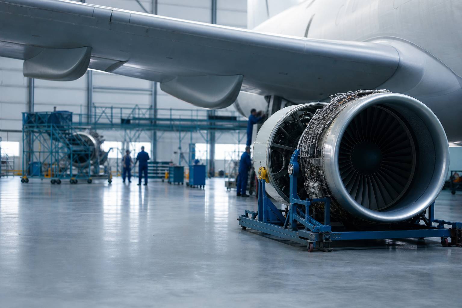 Atelier de maintenance avec une aile d'avion cargo surélevée