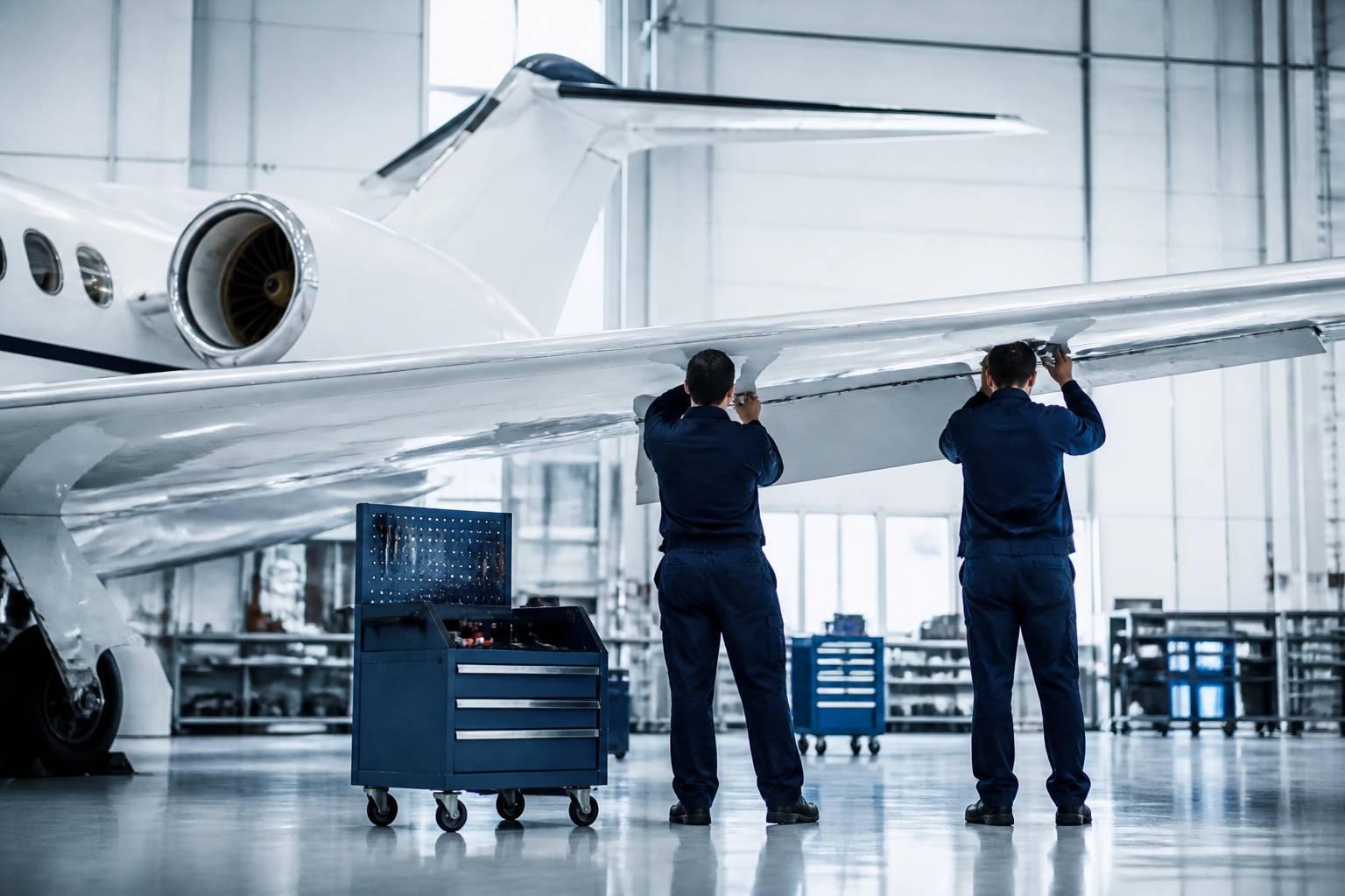 Techniciens inspectant l'aile d'un jet d'affaires en hangar