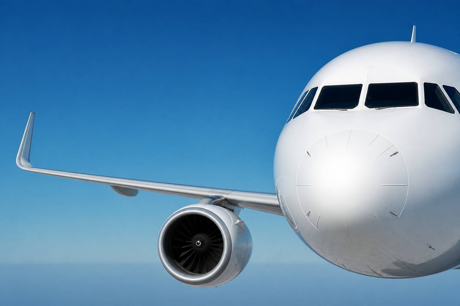 Nez d'un avion de ligne blanc générique avec son réacteur vu de près sous un ciel bleu