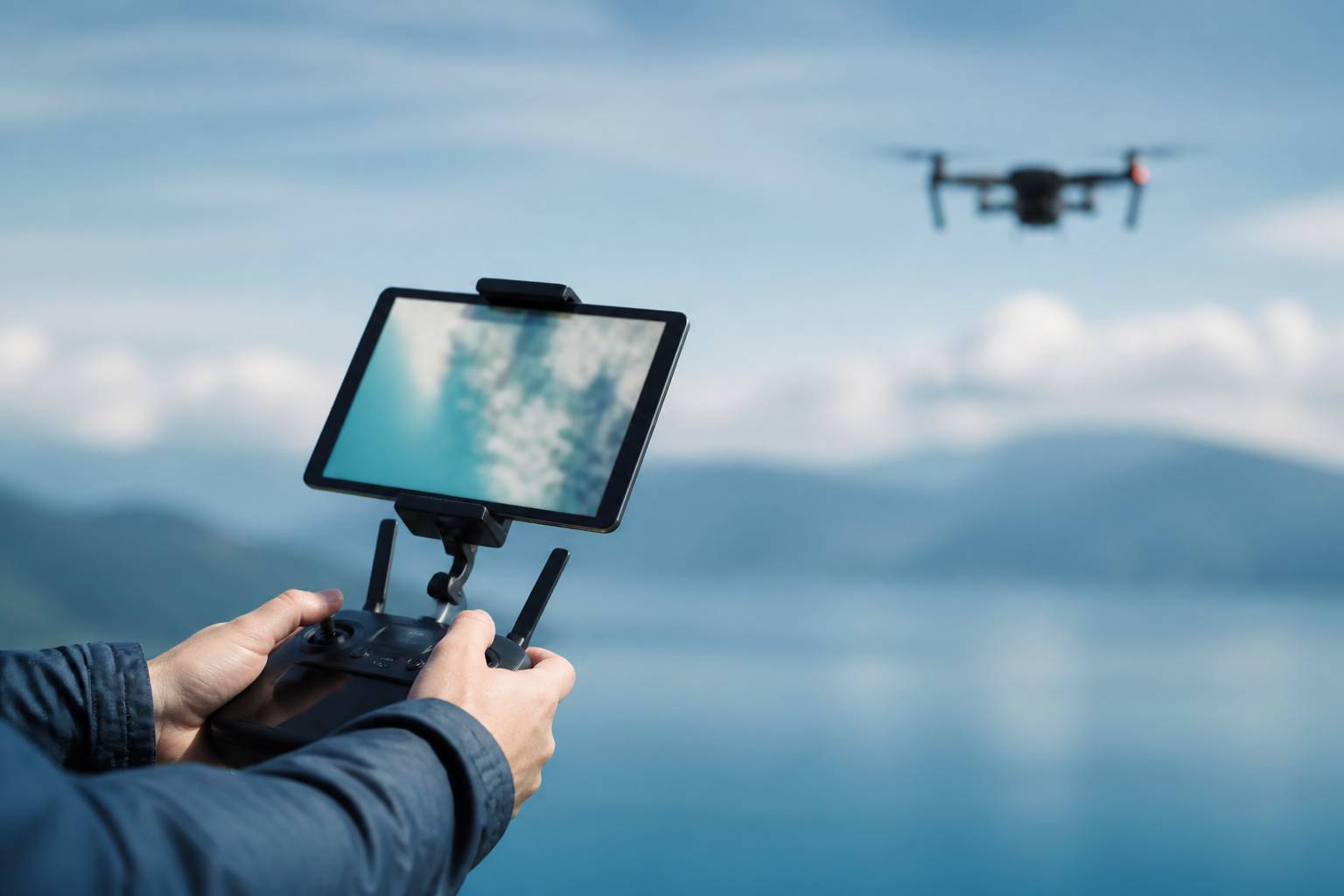 Mains d'un pilote tenant une radiocommande avec une tablette affichant une carte floue