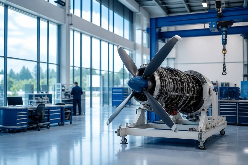 Moteur d'avion générique sur stand d'entretien dans un atelier