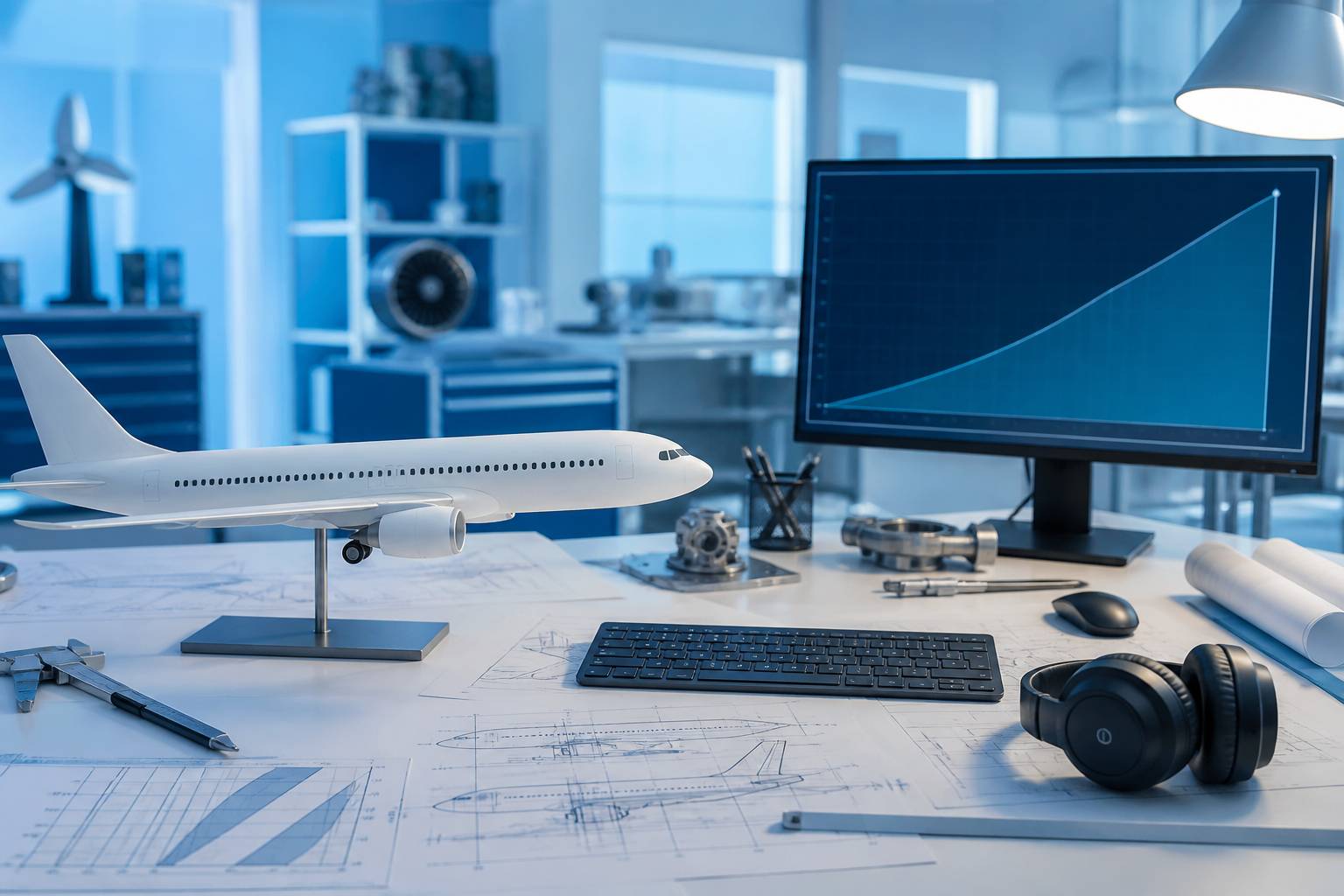 Bureau d'ingénierie avec maquette d'avion et plans techniques
