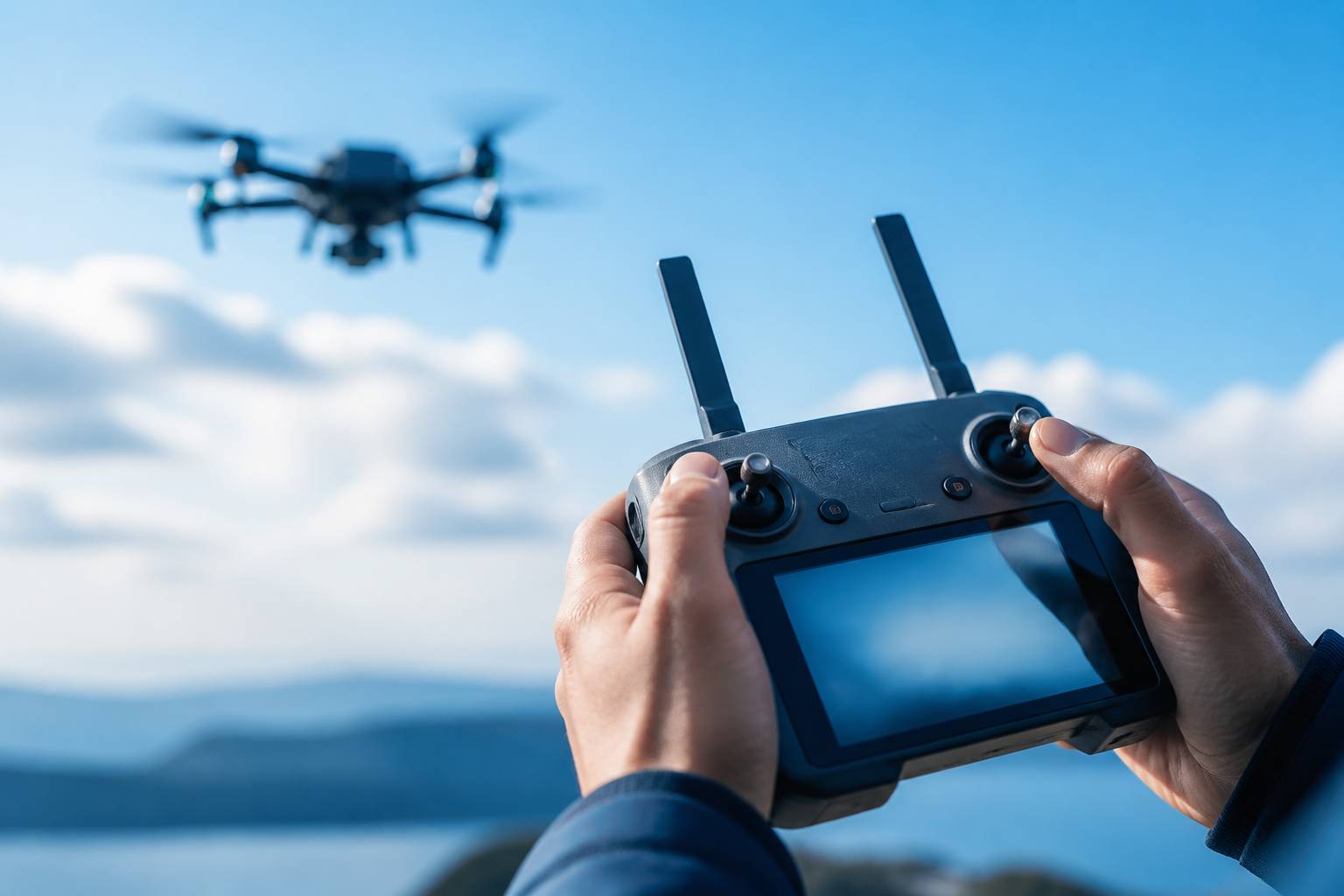 Radiocommande de télépilote avec le drone en vol flou en arrière-plan