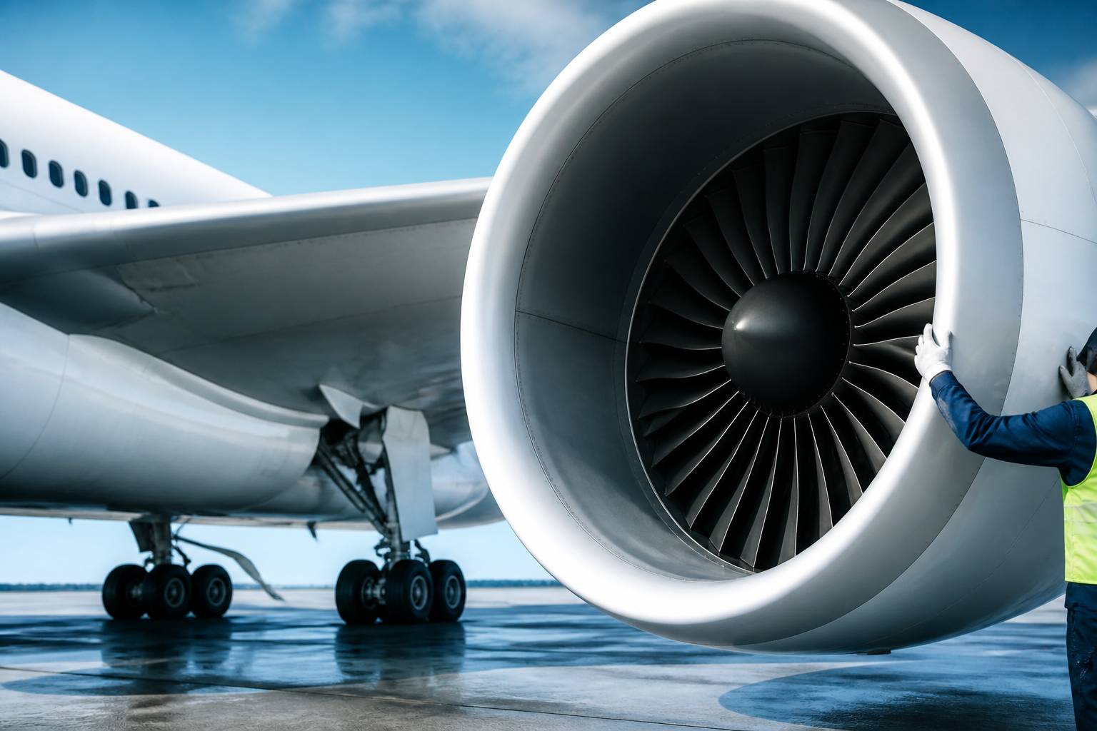 Réacteur d'avion long-courrier en maintenance au sol au petit matin