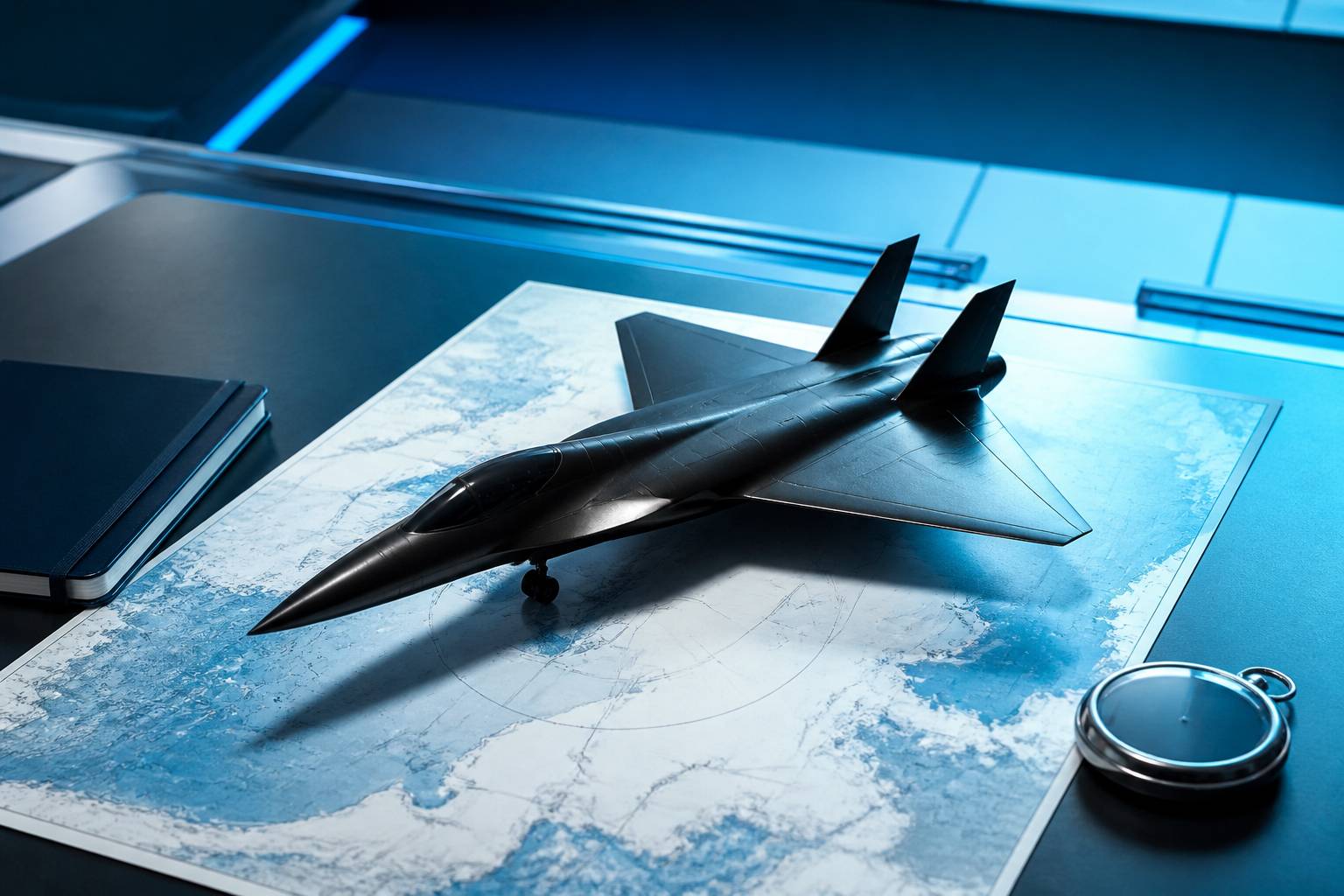 Maquette d'avion noir posée sur une carte topographique avec chronomètre