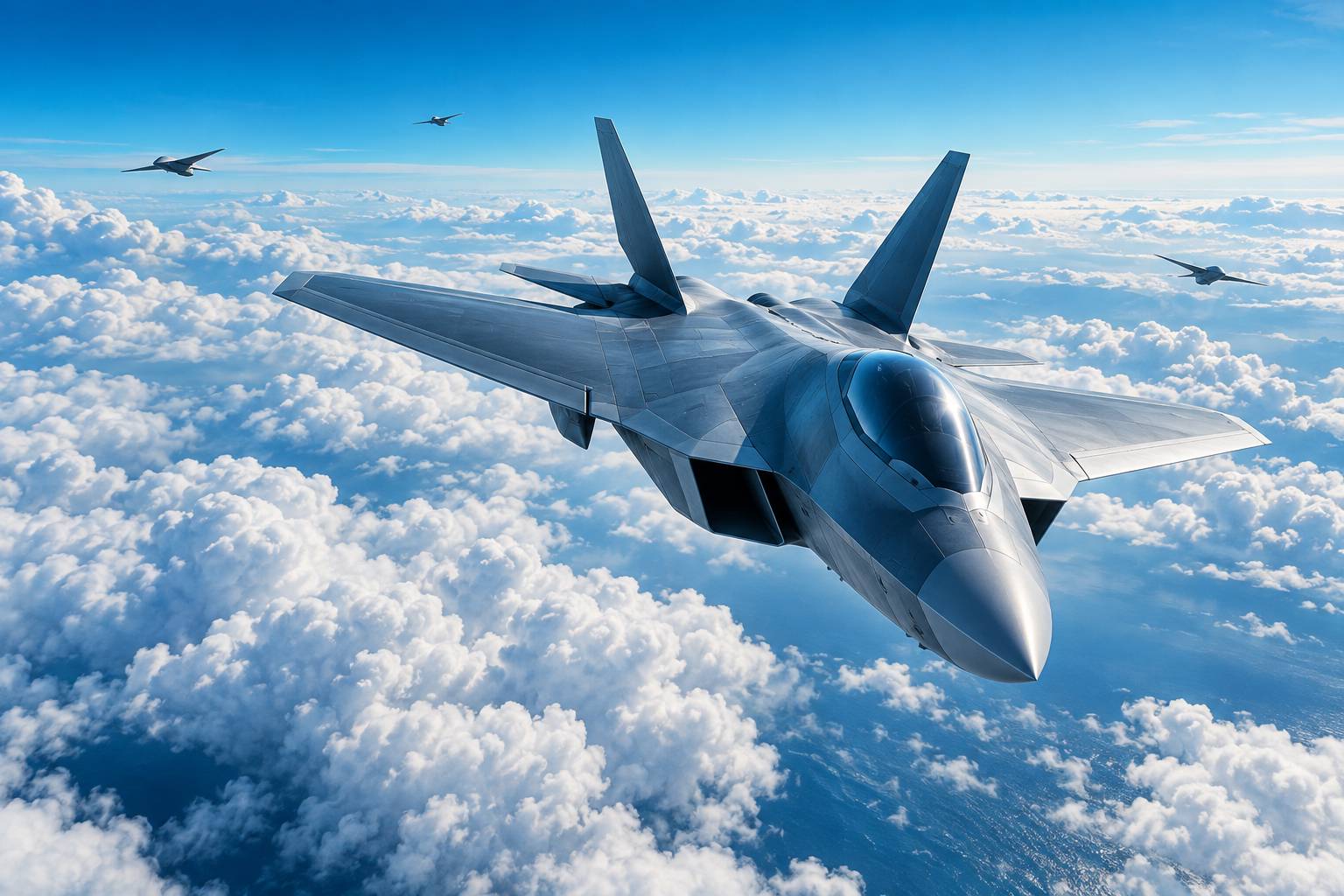 Avion de combat furtif en vol au-dessus des nuages accompagné de petits drones