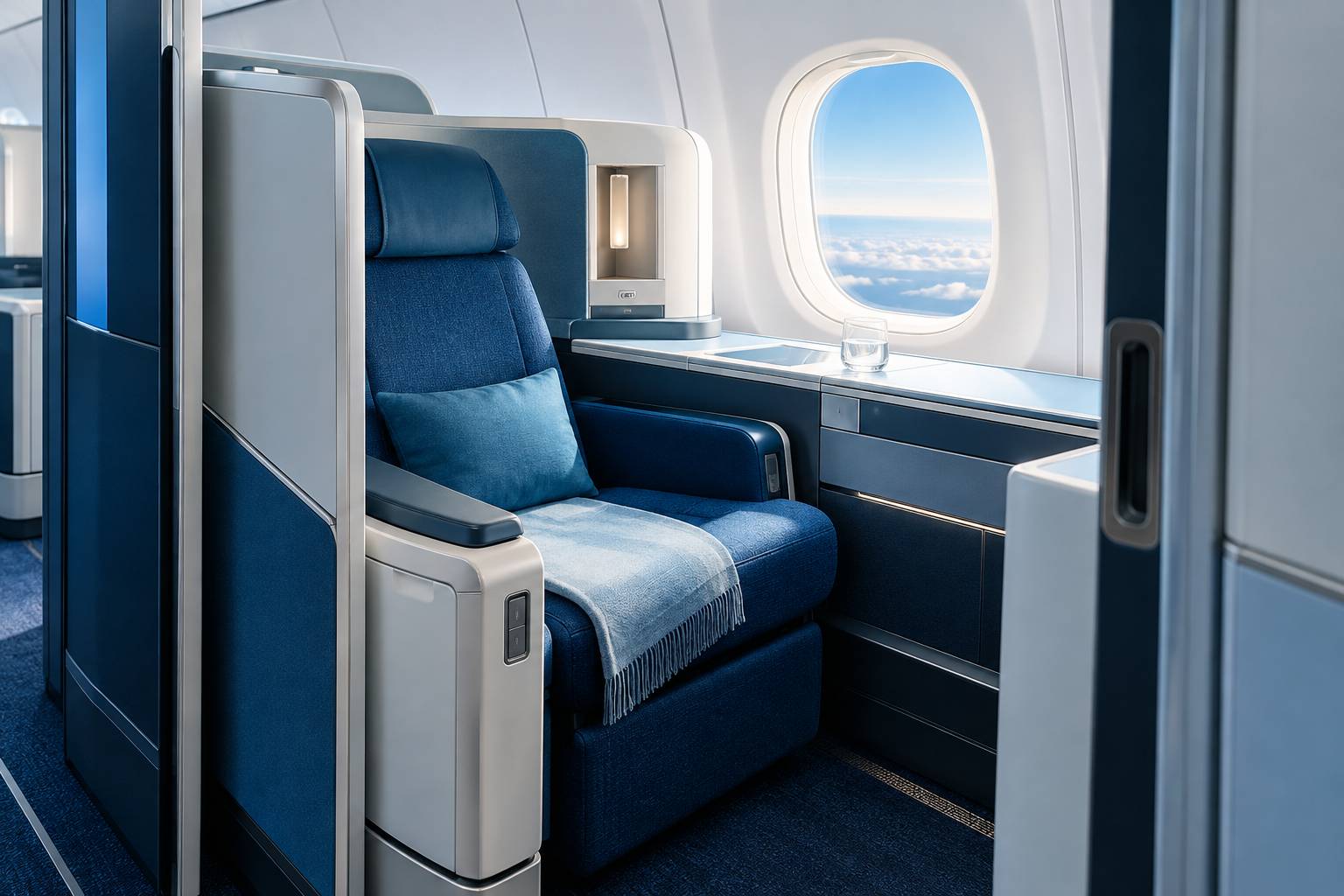 Détail d'une cabine d'avion moderne avec fauteuil business et hublot