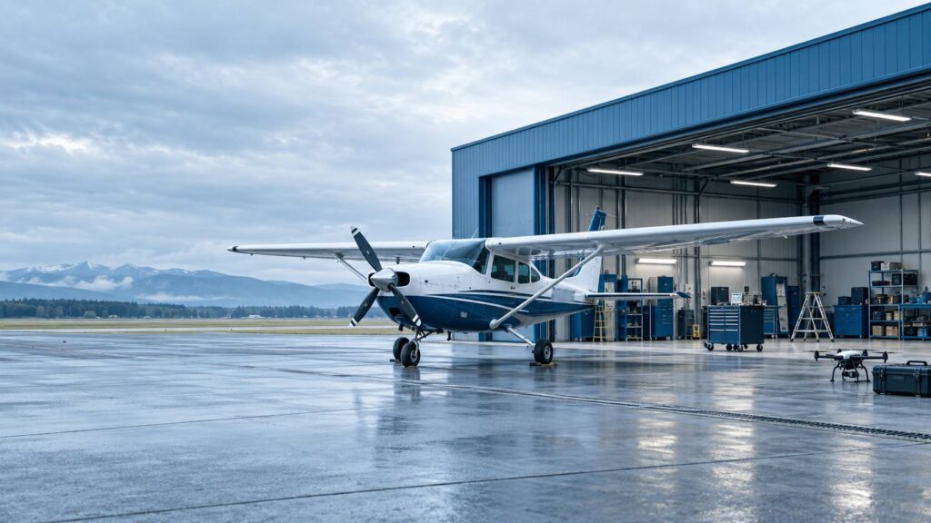 Petit avion léger stationné devant un hangar d'aérodrome civil au matin, sans enseigne ni logo