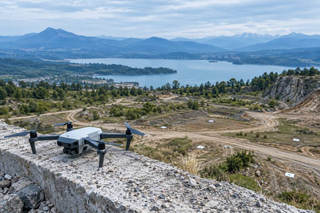 Drone de cartographie pose sur un muret avec balises de calage sur un chantier